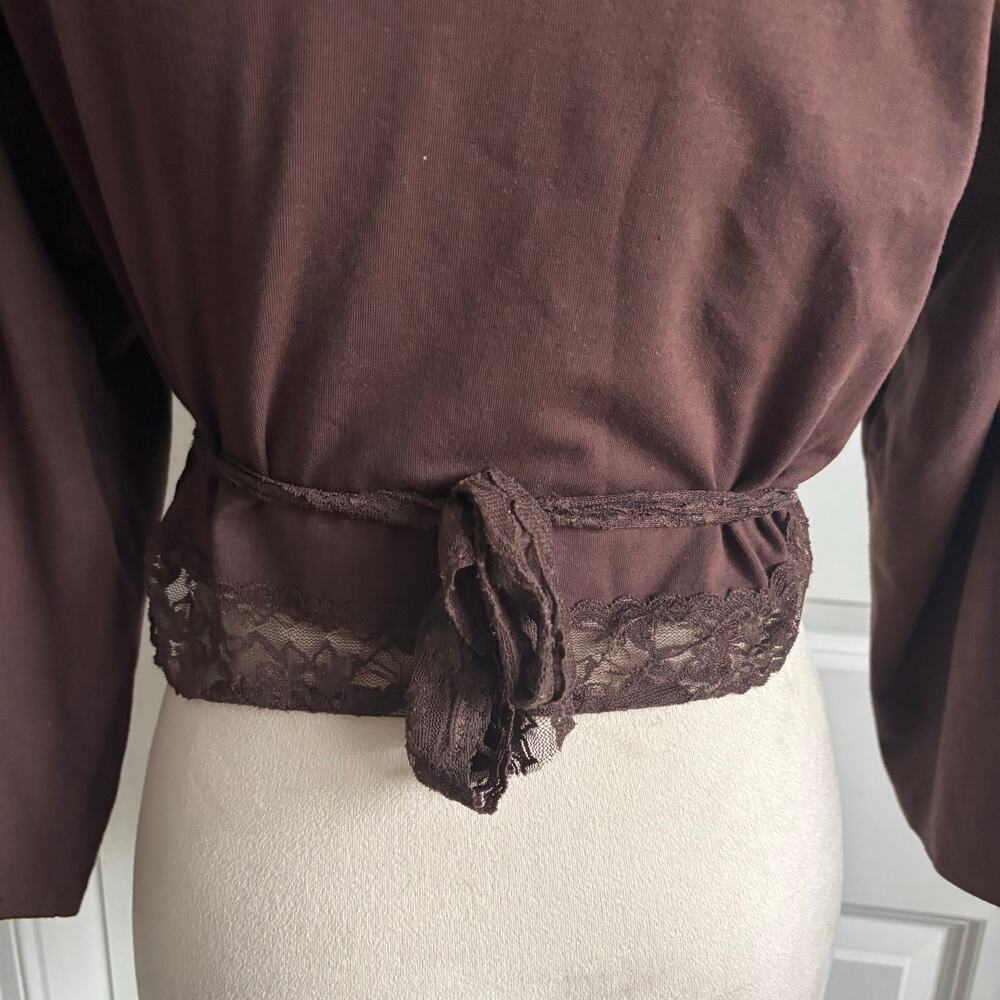Y2K Brown Wrap Top Lace Balletcore Soft Girl Cropped L Ballerina Jason Maxwell - Picture 9 of 12